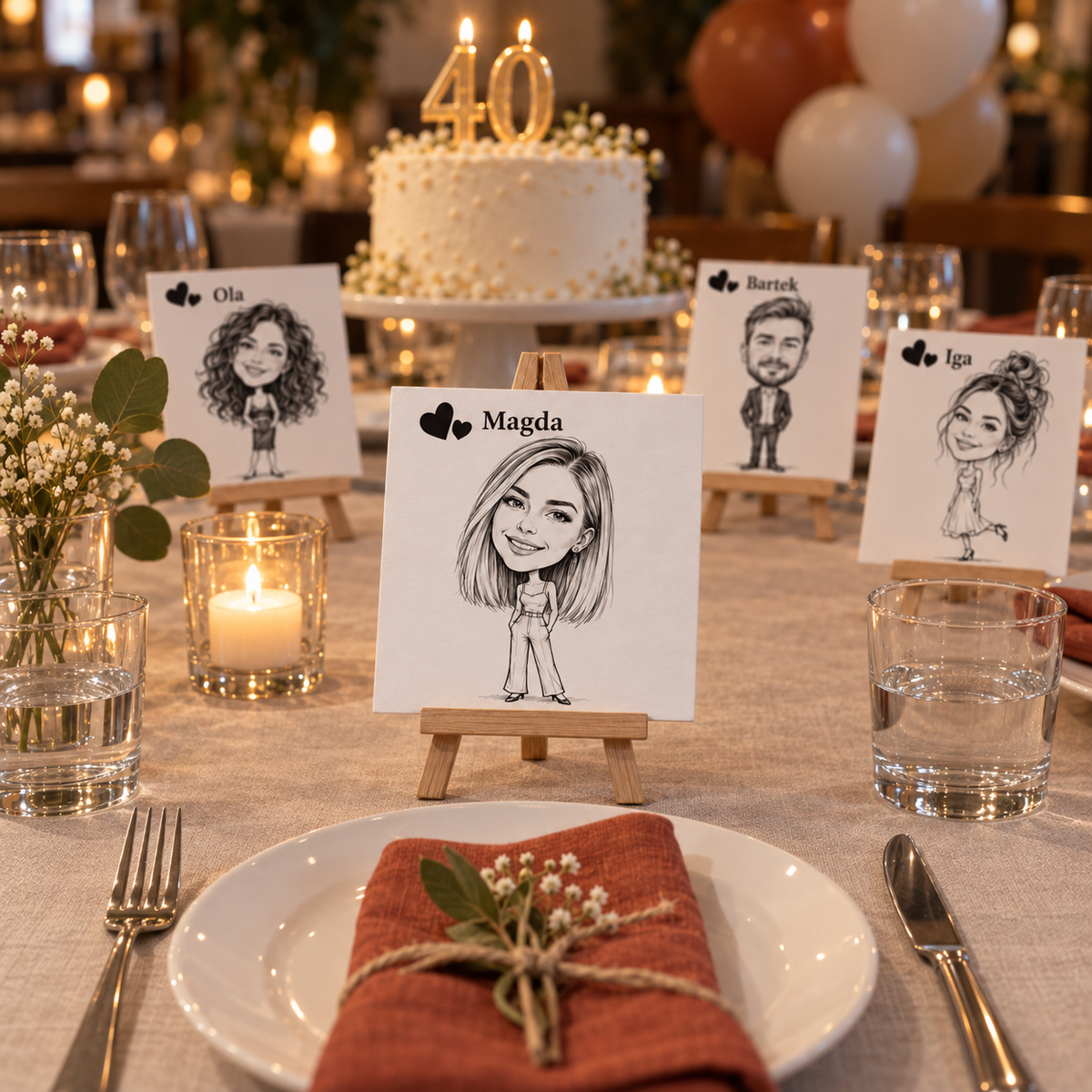 Personalised Birthday Caricature Place Cards with Mini Easels