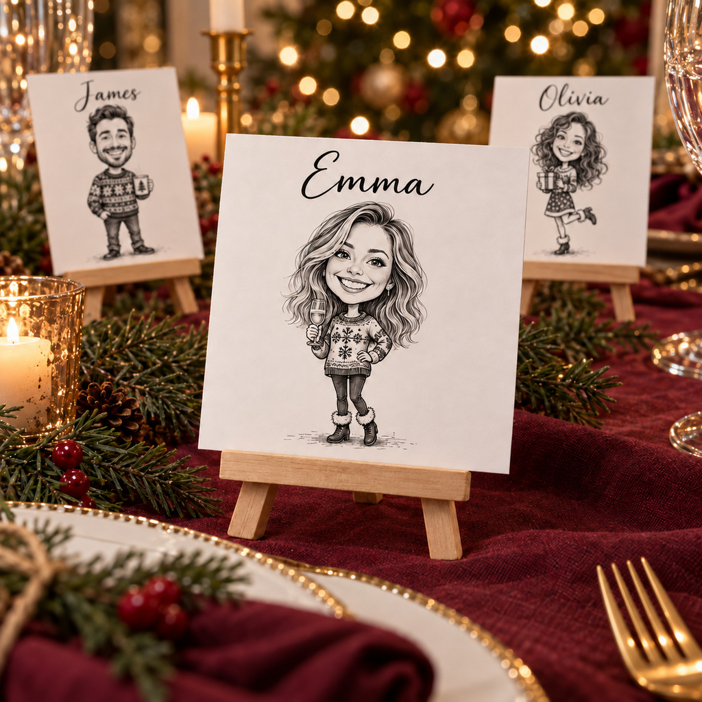 Personalised Christmas Caricature Place Cards with Wooden Mini Easels
