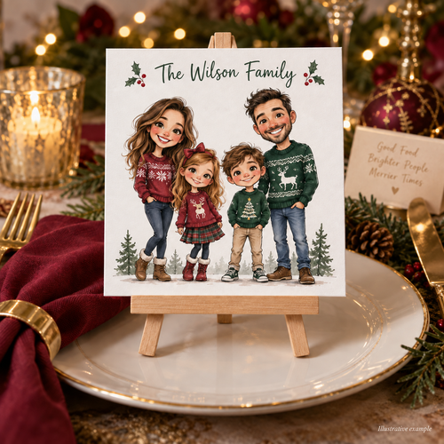 Personalised Christmas Caricature Place Cards with Wooden Mini Easels