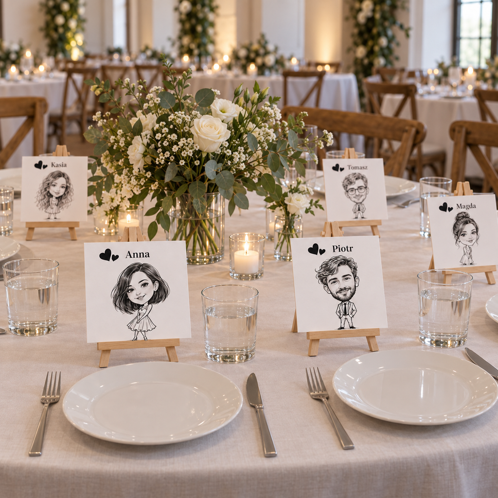 Personalised Wedding Caricature Place Cards with Mini Easels