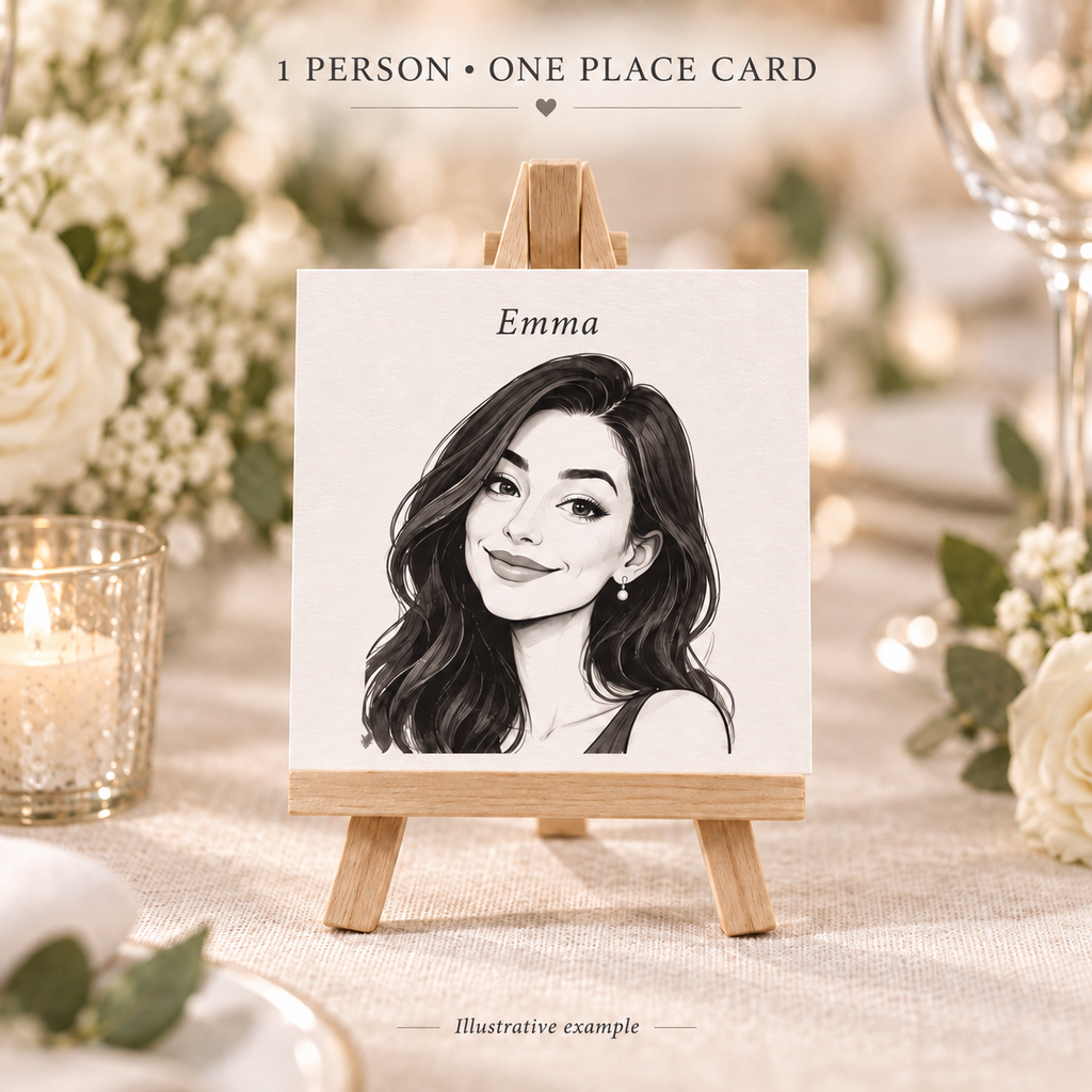 Personalised Portrait Place Cards with Wooden Mini Easels