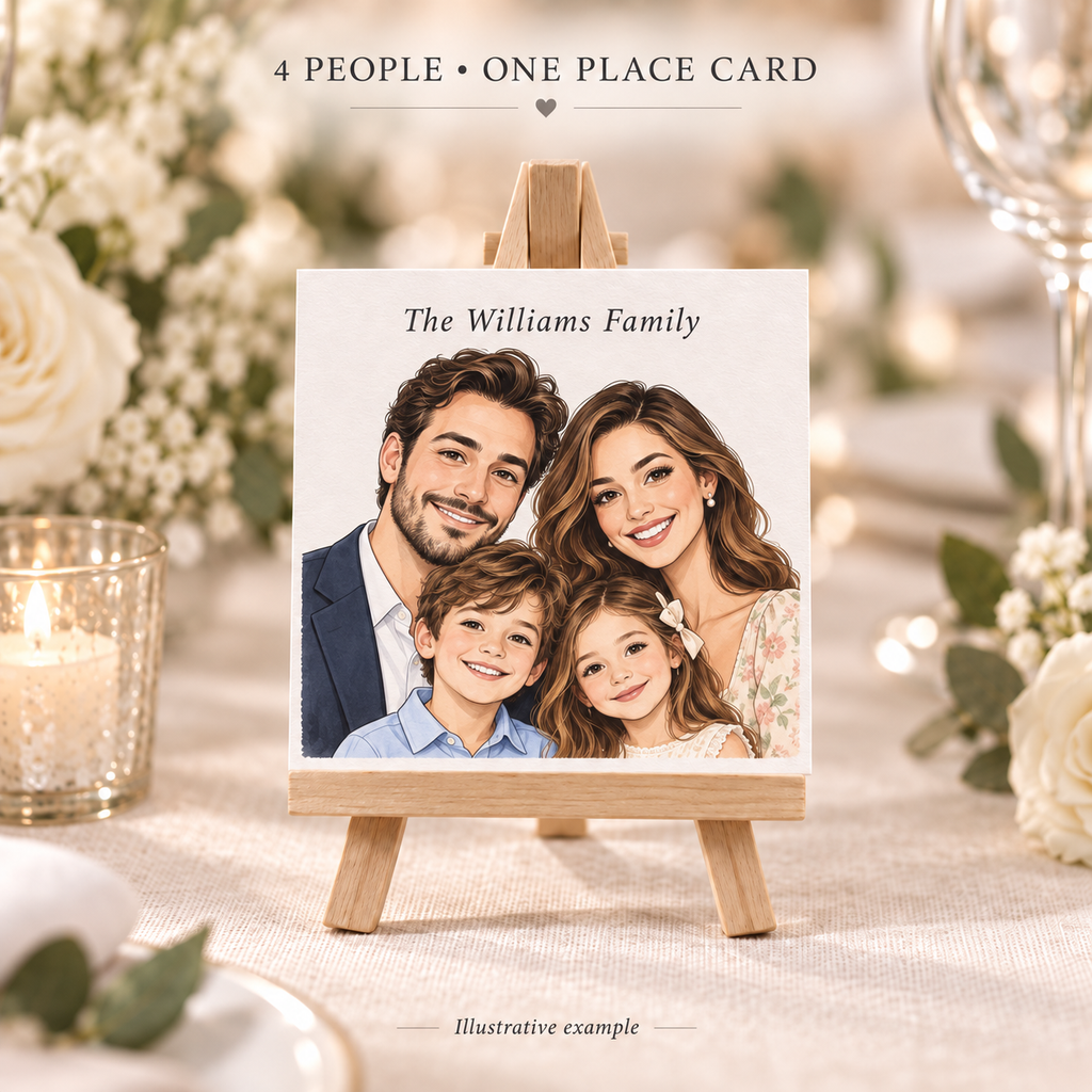Personalised Portrait Place Cards with Wooden Mini Easels